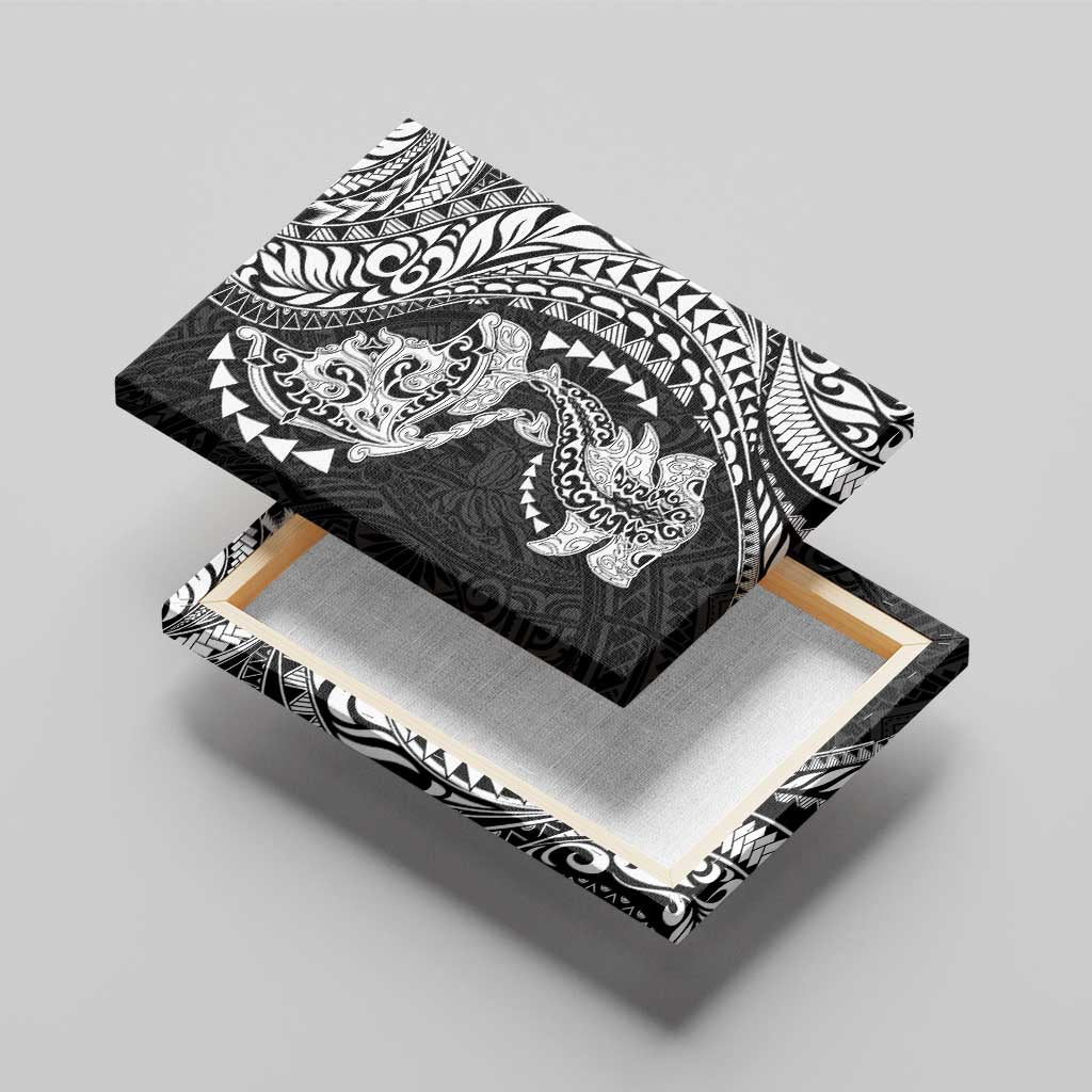 Hawaiian Manta Ray and Hammerhead Shark Tribal Tattoo Canvas Wall Art with Polynesian Tribal Pattern Black-White Color