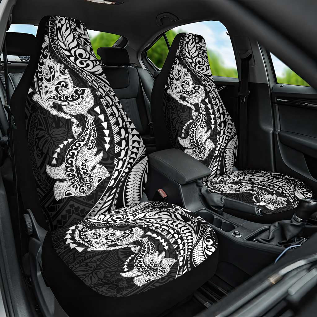 Hawaiian Manta Ray and Hammerhead Shark Tribal Tattoo Car Seat Cover with Polynesian Tribal Pattern Black-White Color