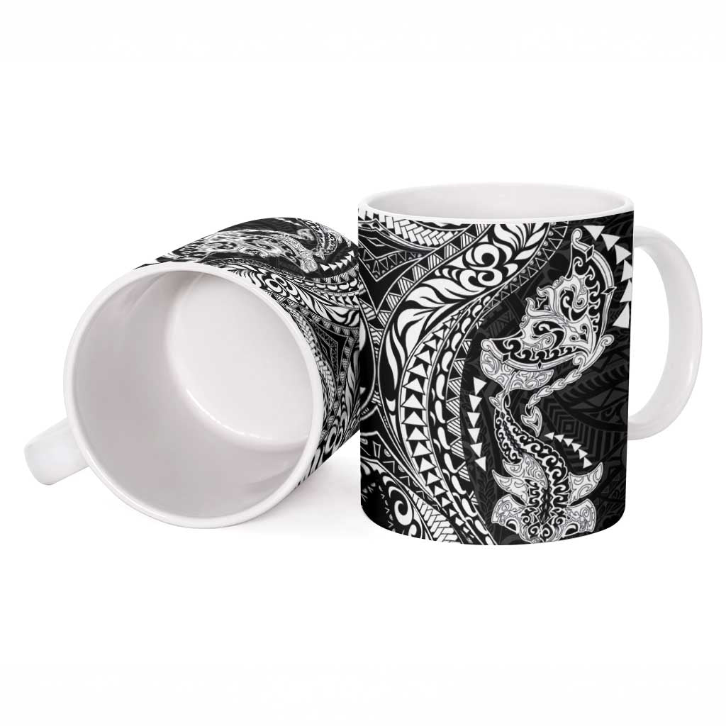 Hawaiian Manta Ray and Hammerhead Shark Tribal Tattoo Ceramic Mug with Polynesian Tribal Pattern Black-White Color