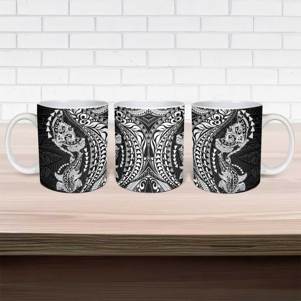 Hawaiian Manta Ray and Hammerhead Shark Tribal Tattoo Ceramic Mug with Polynesian Tribal Pattern Black-White Color