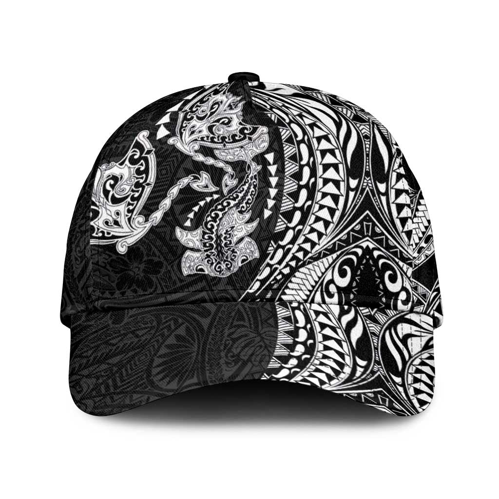 Hawaiian Manta Ray and Hammerhead Shark Tribal Tattoo Classic Cap with Polynesian Tribal Pattern Black-White Color
