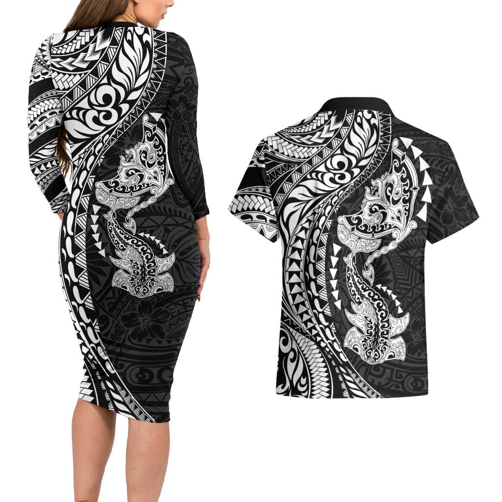 Hawaiian Manta Ray and Hammerhead Shark Tribal Tattoo Couples Matching Long Sleeve Bodycon Dress and Hawaiian Shirt with Polynesian Tribal Pattern Black-White Color LT03 - Polynesian Pride