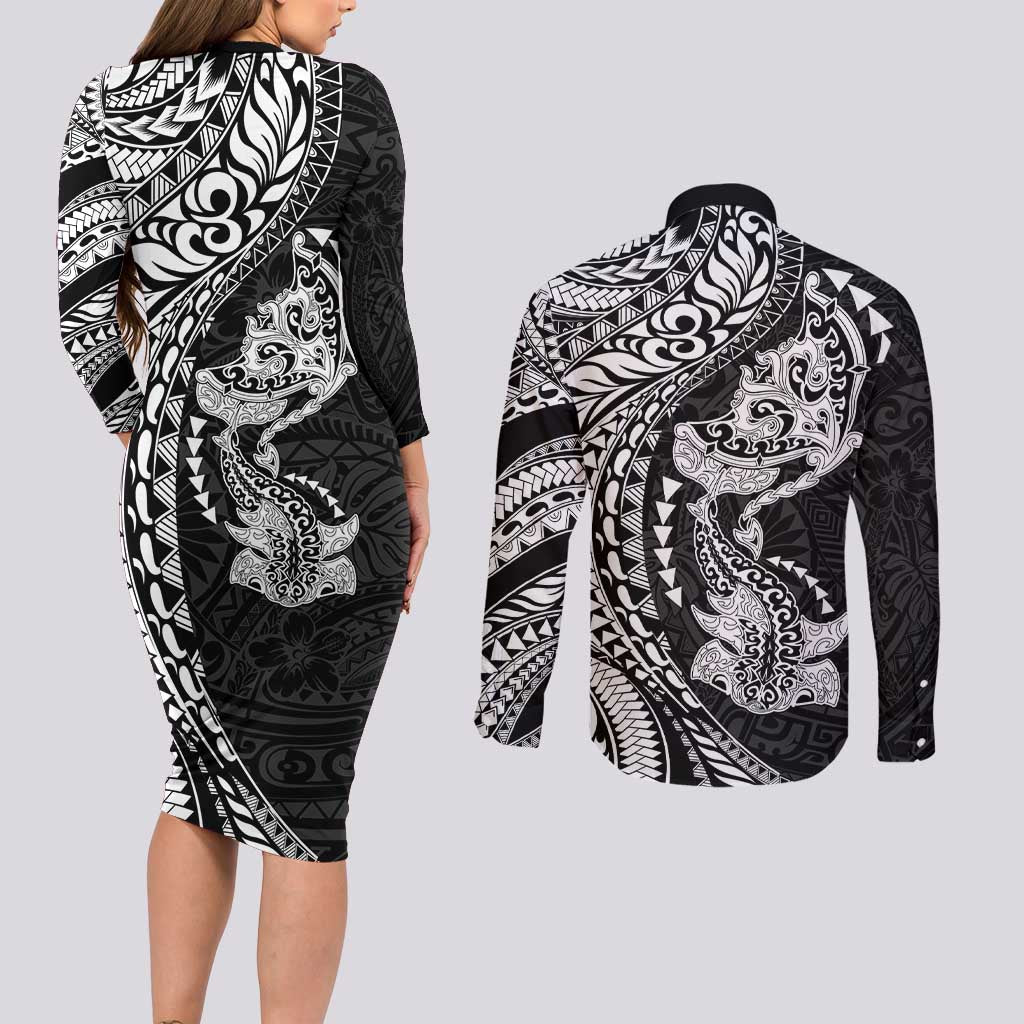 Hawaiian Manta Ray and Hammerhead Shark Tribal Tattoo Couples Matching Long Sleeve Bodycon Dress and Long Sleeve Button Shirt with Polynesian Tribal Pattern Black-White Color LT03 - Polynesian Pride