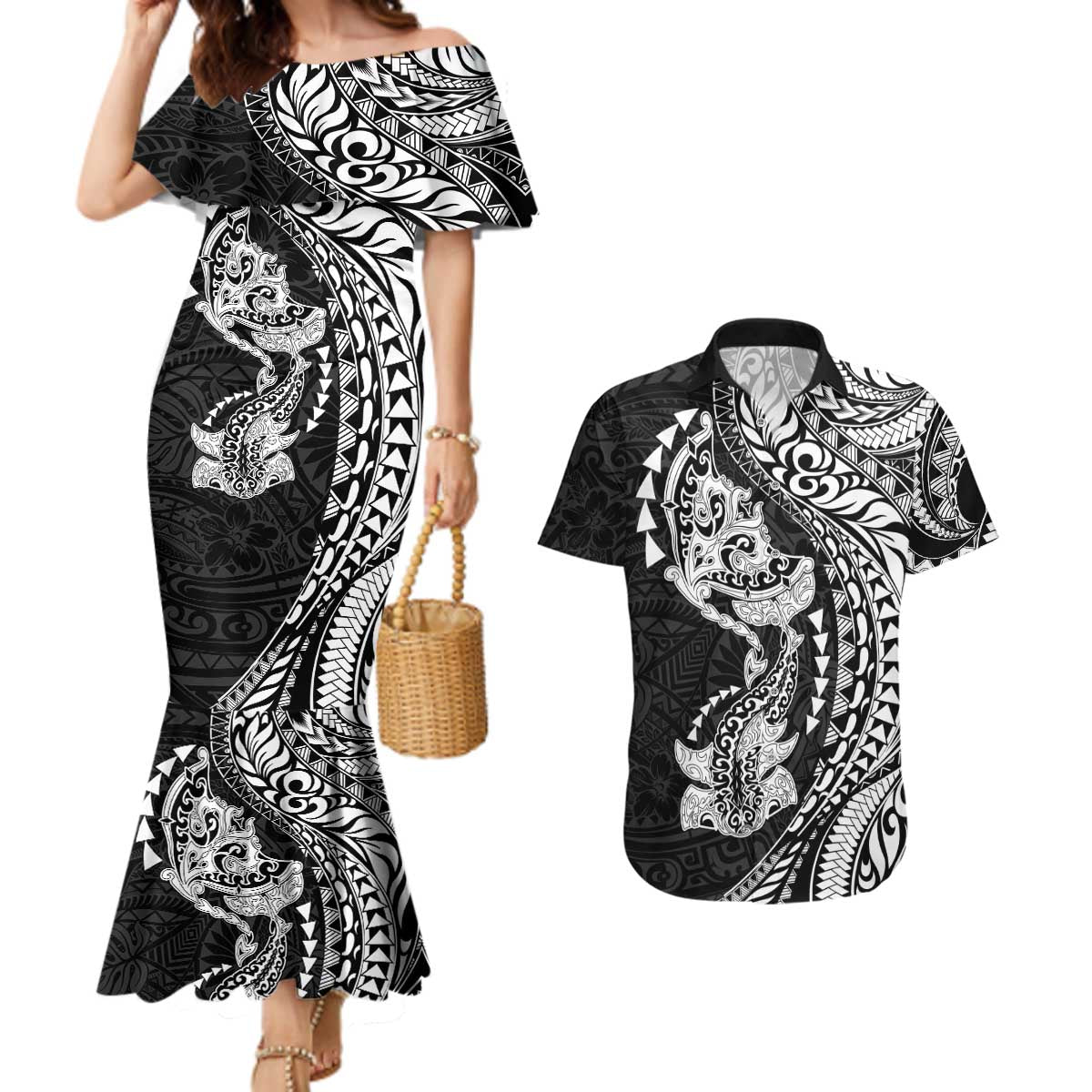 Hawaiian Manta Ray and Hammerhead Shark Tribal Tattoo Couples Matching Mermaid Dress and Hawaiian Shirt with Polynesian Tribal Pattern Black-White Color