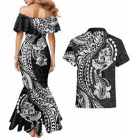 Hawaiian Manta Ray and Hammerhead Shark Tribal Tattoo Couples Matching Mermaid Dress and Hawaiian Shirt with Polynesian Tribal Pattern Black-White Color LT03 - Polynesian Pride