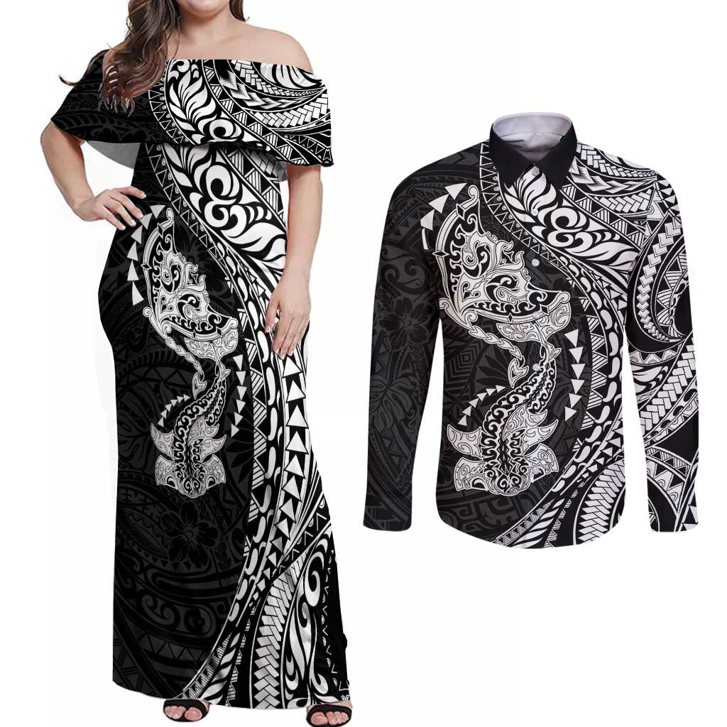 Hawaiian Manta Ray and Hammerhead Shark Tribal Tattoo Couples Matching Off Shoulder Maxi Dress and Long Sleeve Button Shirt with Polynesian Tribal Pattern Black-White Color LT03 Multicolor - Polynesian Pride