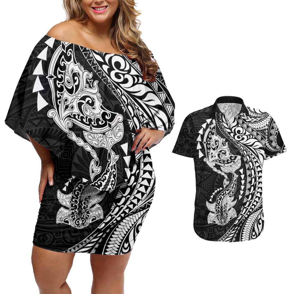 Hawaiian Manta Ray and Hammerhead Shark Tribal Tattoo Couples Matching Off Shoulder Short Dress and Hawaiian Shirt with Polynesian Tribal Pattern Black-White Color LT03 Multicolor - Polynesian Pride