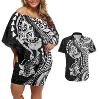 Hawaiian Manta Ray and Hammerhead Shark Tribal Tattoo Couples Matching Off Shoulder Short Dress and Hawaiian Shirt with Polynesian Tribal Pattern Black-White Color LT03 Multicolor - Polynesian Pride