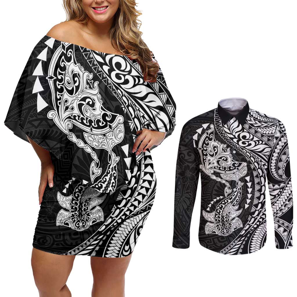 Hawaiian Manta Ray and Hammerhead Shark Tribal Tattoo Couples Matching Off Shoulder Short Dress and Long Sleeve Button Shirt with Polynesian Tribal Pattern Black-White Color
