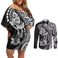 Hawaiian Manta Ray and Hammerhead Shark Tribal Tattoo Couples Matching Off Shoulder Short Dress and Long Sleeve Button Shirt with Polynesian Tribal Pattern Black-White Color LT03 Multicolor - Polynesian Pride