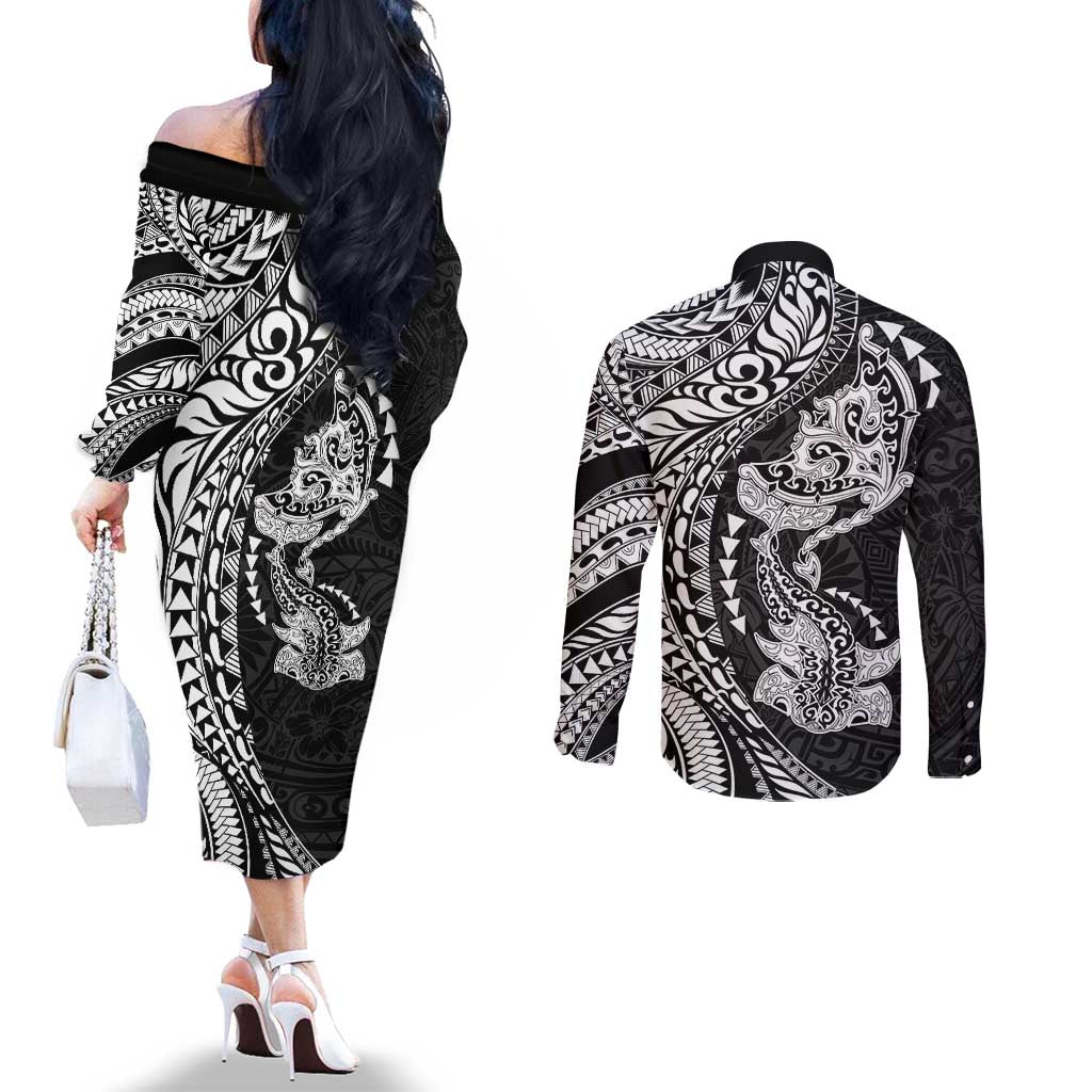 Hawaiian Manta Ray and Hammerhead Shark Tribal Tattoo Couples Matching Off The Shoulder Long Sleeve Dress and Long Sleeve Button Shirt with Polynesian Tribal Pattern Black-White Color LT03 - Polynesian Pride