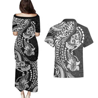 Hawaiian Manta Ray and Hammerhead Shark Tribal Tattoo Couples Matching Puletasi and Hawaiian Shirt with Polynesian Tribal Pattern Black-White Color LT03 - Polynesian Pride