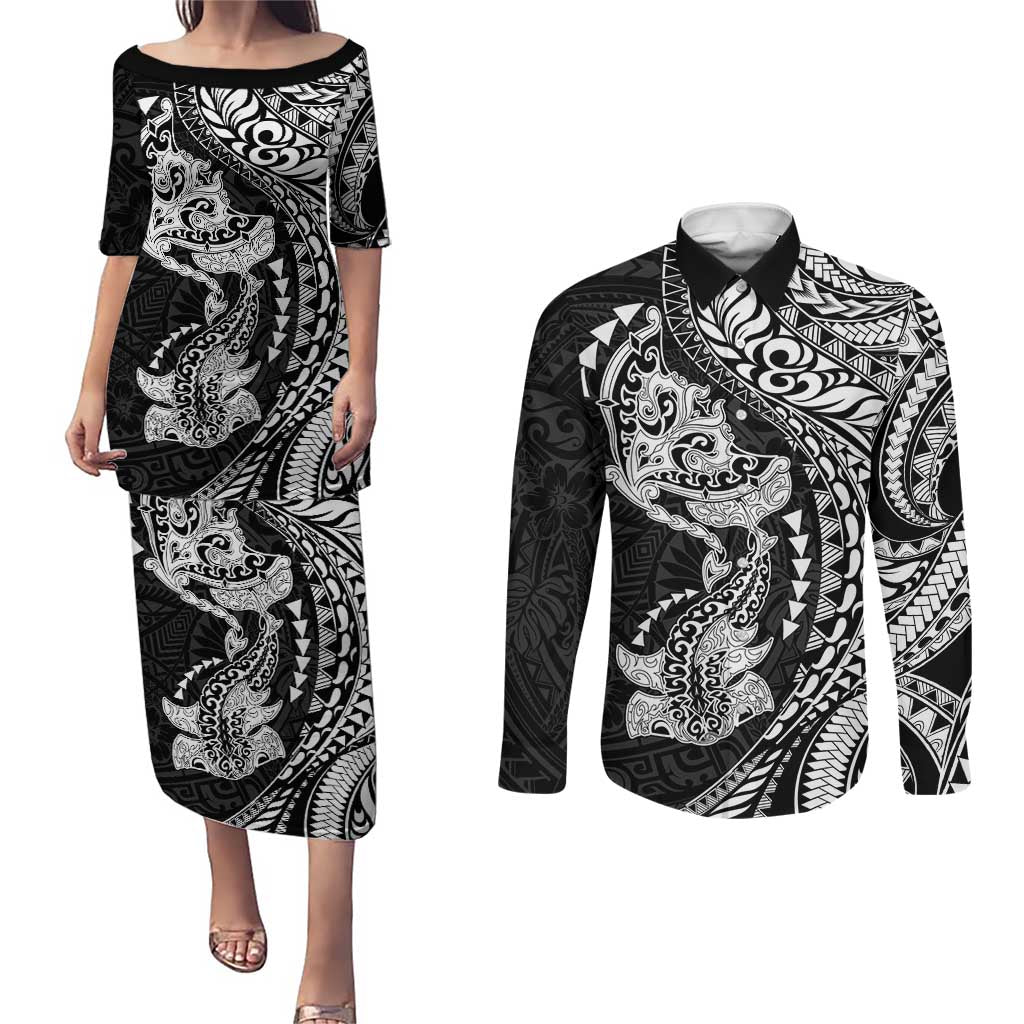 Hawaiian Manta Ray and Hammerhead Shark Tribal Tattoo Couples Matching Puletasi and Long Sleeve Button Shirt with Polynesian Tribal Pattern Black-White Color LT03 Multicolor - Polynesian Pride