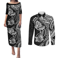 Hawaiian Manta Ray and Hammerhead Shark Tribal Tattoo Couples Matching Puletasi and Long Sleeve Button Shirt with Polynesian Tribal Pattern Black-White Color LT03 Multicolor - Polynesian Pride