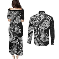 Hawaiian Manta Ray and Hammerhead Shark Tribal Tattoo Couples Matching Puletasi and Long Sleeve Button Shirt with Polynesian Tribal Pattern Black-White Color LT03 - Polynesian Pride
