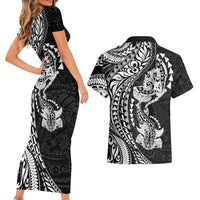 Hawaiian Manta Ray and Hammerhead Shark Tribal Tattoo Couples Matching Short Sleeve Bodycon Dress and Hawaiian Shirt with Polynesian Tribal Pattern Black-White Color LT03 - Polynesian Pride