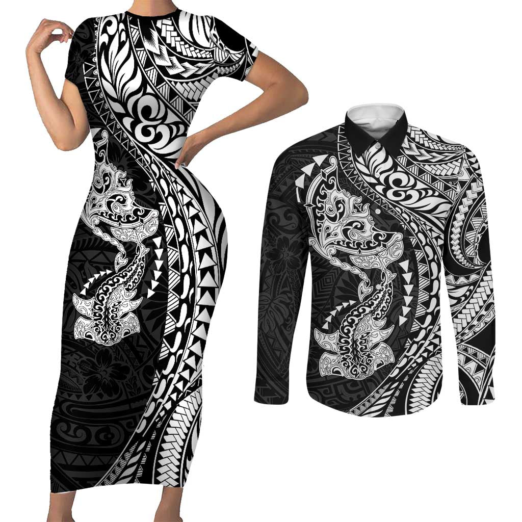 Hawaiian Manta Ray and Hammerhead Shark Tribal Tattoo Couples Matching Short Sleeve Bodycon Dress and Long Sleeve Button Shirt with Polynesian Tribal Pattern Black-White Color LT03 Multicolor - Polynesian Pride