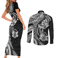 Hawaiian Manta Ray and Hammerhead Shark Tribal Tattoo Couples Matching Short Sleeve Bodycon Dress and Long Sleeve Button Shirt with Polynesian Tribal Pattern Black-White Color LT03 - Polynesian Pride
