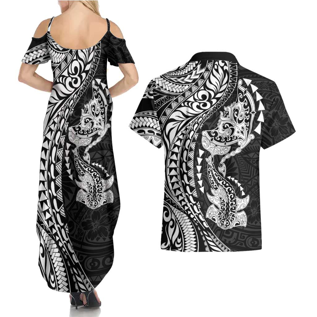 Hawaiian Manta Ray and Hammerhead Shark Tribal Tattoo Couples Matching Summer Maxi Dress and Hawaiian Shirt with Polynesian Tribal Pattern Black-White Color LT03 - Polynesian Pride