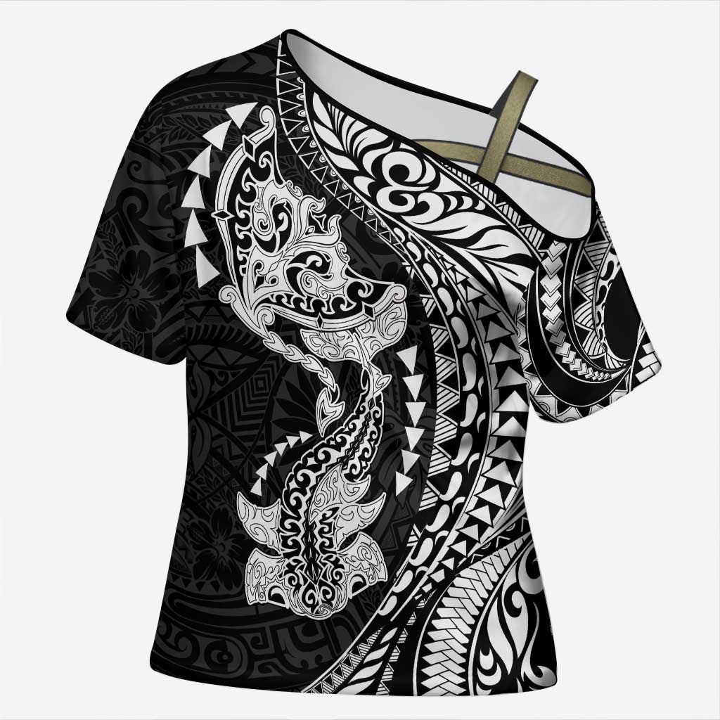 Hawaiian Manta Ray and Hammerhead Shark Tribal Tattoo Cross Shoulder Shirt with Polynesian Tribal Pattern Black-White Color