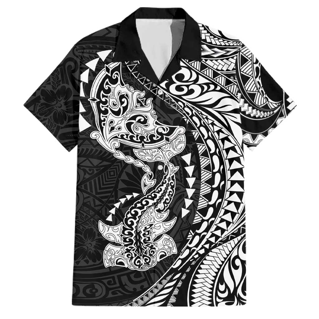 Hawaiian Manta Ray and Hammerhead Shark Tribal Tattoo Family Matching Long Sleeve Bodycon Dress and Hawaiian Shirt with Polynesian Tribal Pattern Black-White Color LT03 Dad's Shirt - Short Sleeve Multicolor - Polynesian Pride
