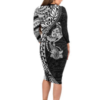 Hawaiian Manta Ray and Hammerhead Shark Tribal Tattoo Family Matching Long Sleeve Bodycon Dress and Hawaiian Shirt with Polynesian Tribal Pattern Black-White Color LT03 - Polynesian Pride