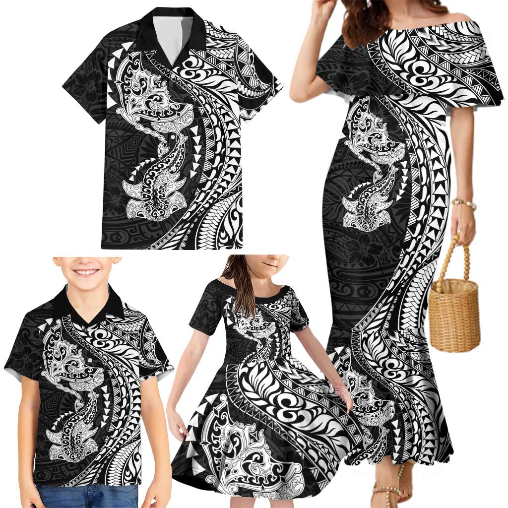 Hawaiian Manta Ray and Hammerhead Shark Tribal Tattoo Family Matching Mermaid Dress and Hawaiian Shirt with Polynesian Tribal Pattern Black-White Color