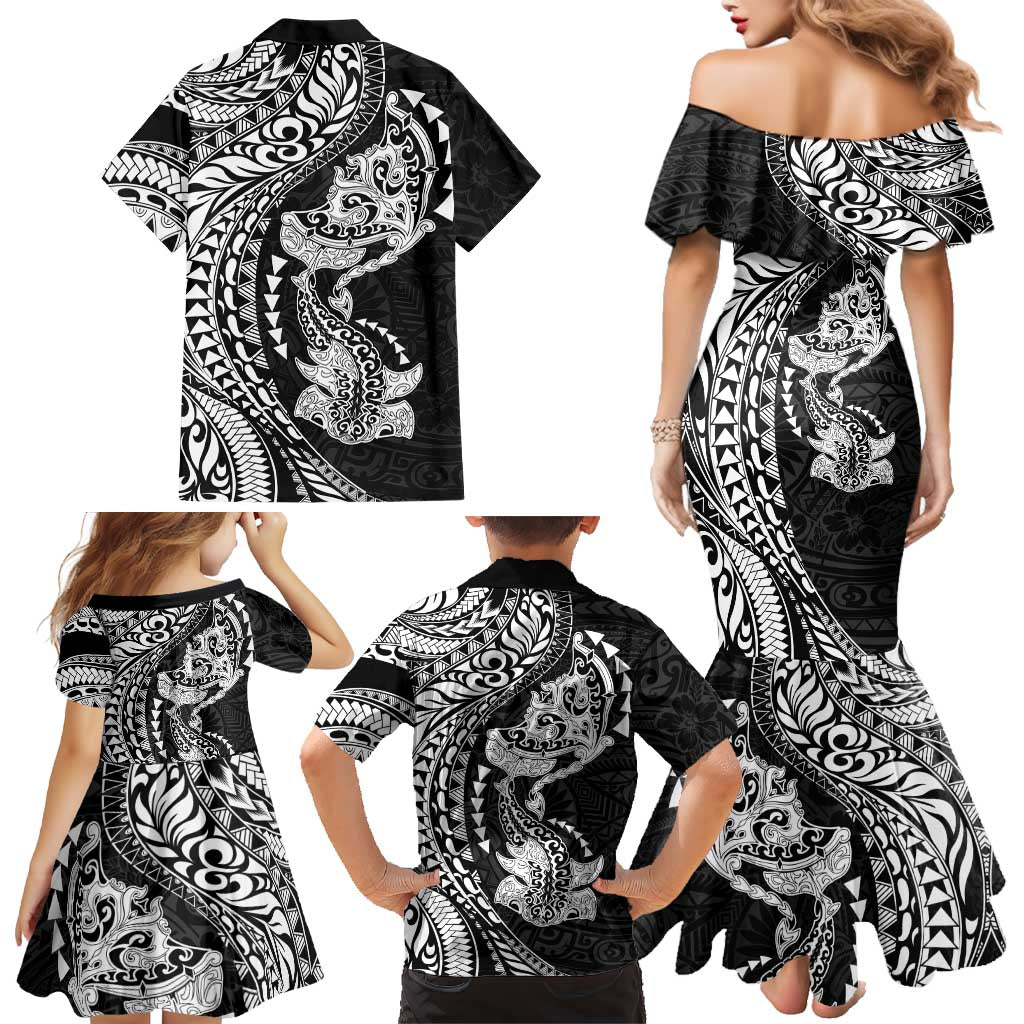 Hawaiian Manta Ray and Hammerhead Shark Tribal Tattoo Family Matching Mermaid Dress and Hawaiian Shirt with Polynesian Tribal Pattern Black-White Color LT03 - Polynesian Pride