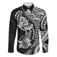 Hawaiian Manta Ray and Hammerhead Shark Tribal Tattoo Family Matching Mermaid Dress and Hawaiian Shirt with Polynesian Tribal Pattern Black-White Color LT03 Dad's Shirt - Long Sleeve Multicolor - Polynesian Pride