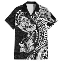 Hawaiian Manta Ray and Hammerhead Shark Tribal Tattoo Family Matching Off The Shoulder Long Sleeve Dress and Hawaiian Shirt with Polynesian Tribal Pattern Black-White Color LT03 Dad's Shirt - Short Sleeve Multicolor - Polynesian Pride