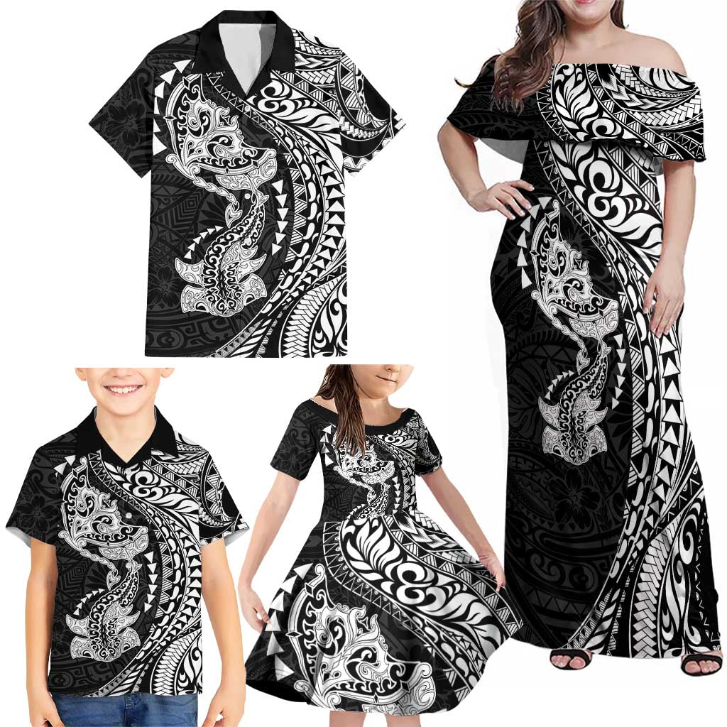 Hawaiian Manta Ray and Hammerhead Shark Tribal Tattoo Family Matching Off Shoulder Maxi Dress and Hawaiian Shirt with Polynesian Tribal Pattern Black-White Color