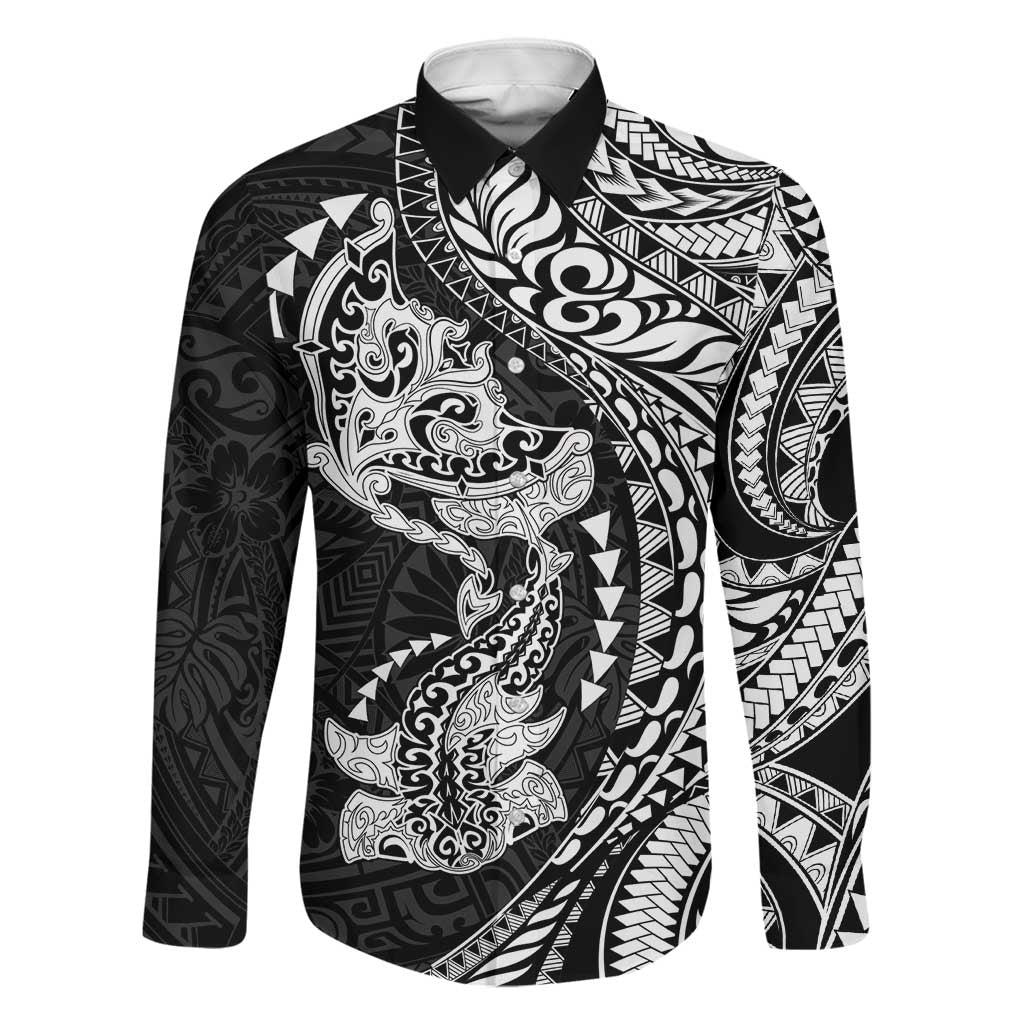 Hawaiian Manta Ray and Hammerhead Shark Tribal Tattoo Family Matching Off Shoulder Short Dress and Hawaiian Shirt with Polynesian Tribal Pattern Black-White Color LT03 Dad's Shirt - Long Sleeve Multicolor - Polynesian Pride