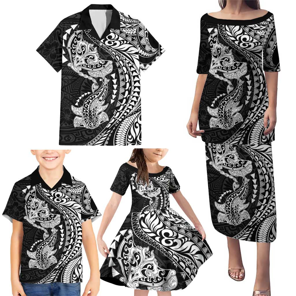 Hawaiian Manta Ray and Hammerhead Shark Tribal Tattoo Family Matching Puletasi and Hawaiian Shirt with Polynesian Tribal Pattern Black-White Color LT03 - Polynesian Pride