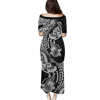 Hawaiian Manta Ray and Hammerhead Shark Tribal Tattoo Family Matching Puletasi and Hawaiian Shirt with Polynesian Tribal Pattern Black-White Color LT03 - Polynesian Pride