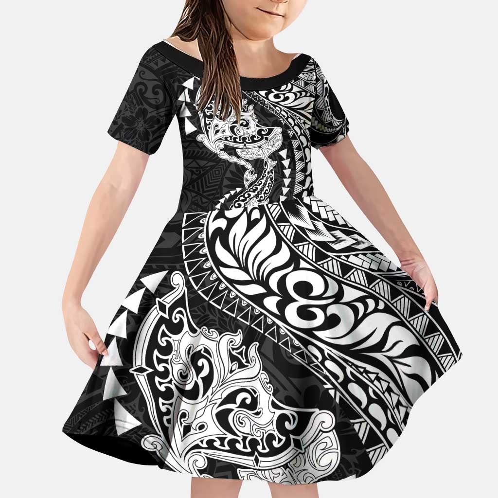 Hawaiian Manta Ray and Hammerhead Shark Tribal Tattoo Family Matching Short Sleeve Bodycon Dress and Hawaiian Shirt with Polynesian Tribal Pattern Black-White Color LT03 Daughter's Dress Multicolor - Polynesian Pride