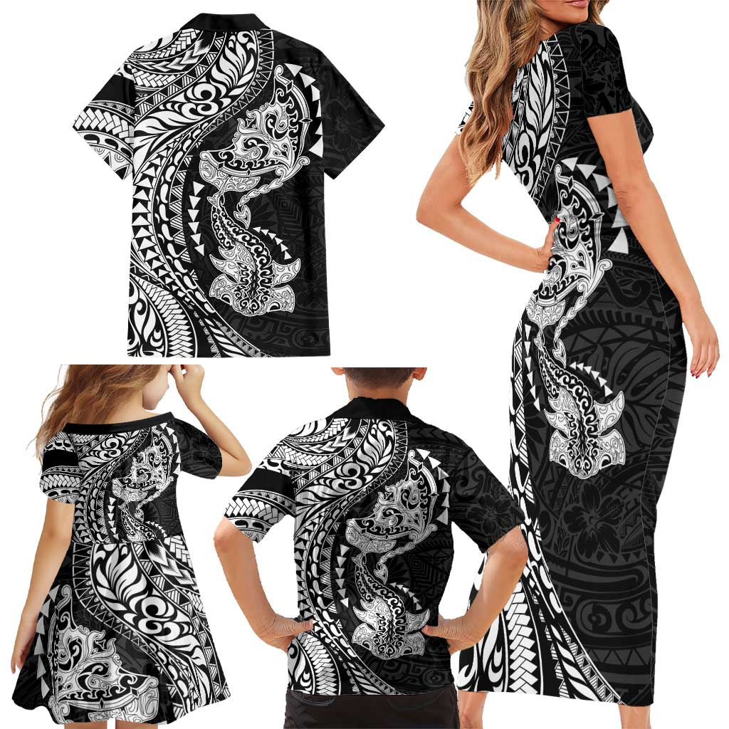 Hawaiian Manta Ray and Hammerhead Shark Tribal Tattoo Family Matching Short Sleeve Bodycon Dress and Hawaiian Shirt with Polynesian Tribal Pattern Black-White Color LT03 - Polynesian Pride