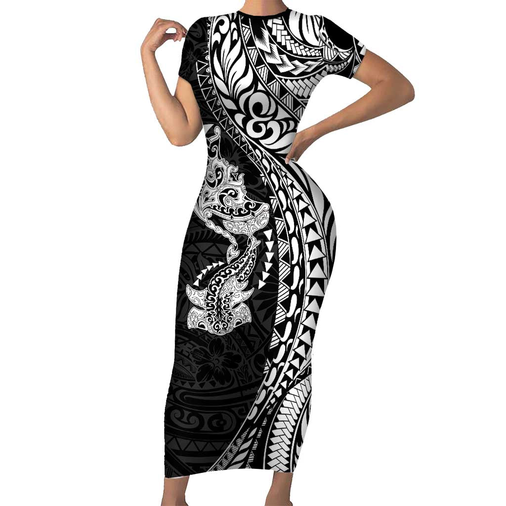 Hawaiian Manta Ray and Hammerhead Shark Tribal Tattoo Family Matching Short Sleeve Bodycon Dress and Hawaiian Shirt with Polynesian Tribal Pattern Black-White Color LT03 Mom's Dress Multicolor - Polynesian Pride
