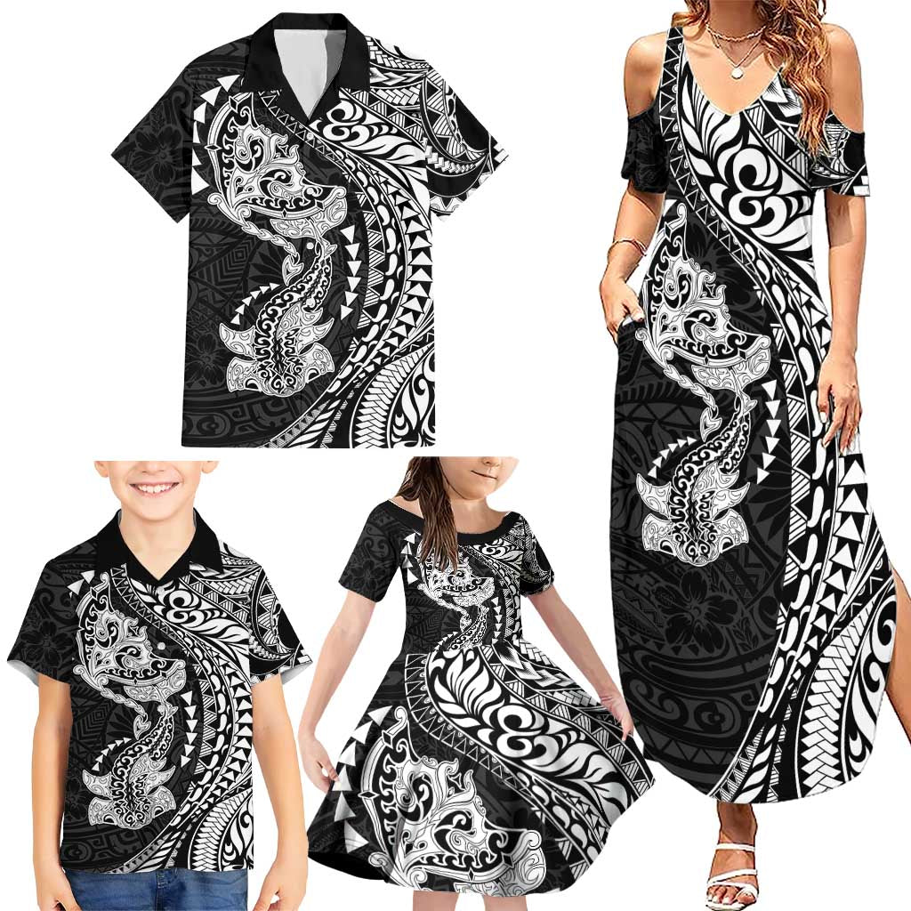 Hawaiian Manta Ray and Hammerhead Shark Tribal Tattoo Family Matching Summer Maxi Dress and Hawaiian Shirt with Polynesian Tribal Pattern Black-White Color LT03 - Polynesian Pride
