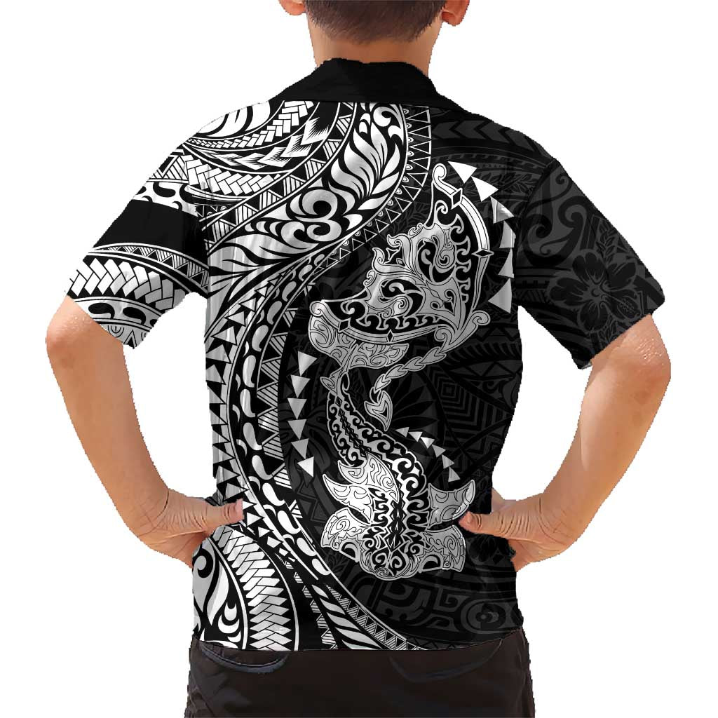 Hawaiian Manta Ray and Hammerhead Shark Tribal Tattoo Family Matching Tank Maxi Dress and Hawaiian Shirt with Polynesian Tribal Pattern Black-White Color LT03 - Polynesian Pride