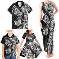 Hawaiian Manta Ray and Hammerhead Shark Tribal Tattoo Family Matching Tank Maxi Dress and Hawaiian Shirt with Polynesian Tribal Pattern Black-White Color LT03 - Polynesian Pride