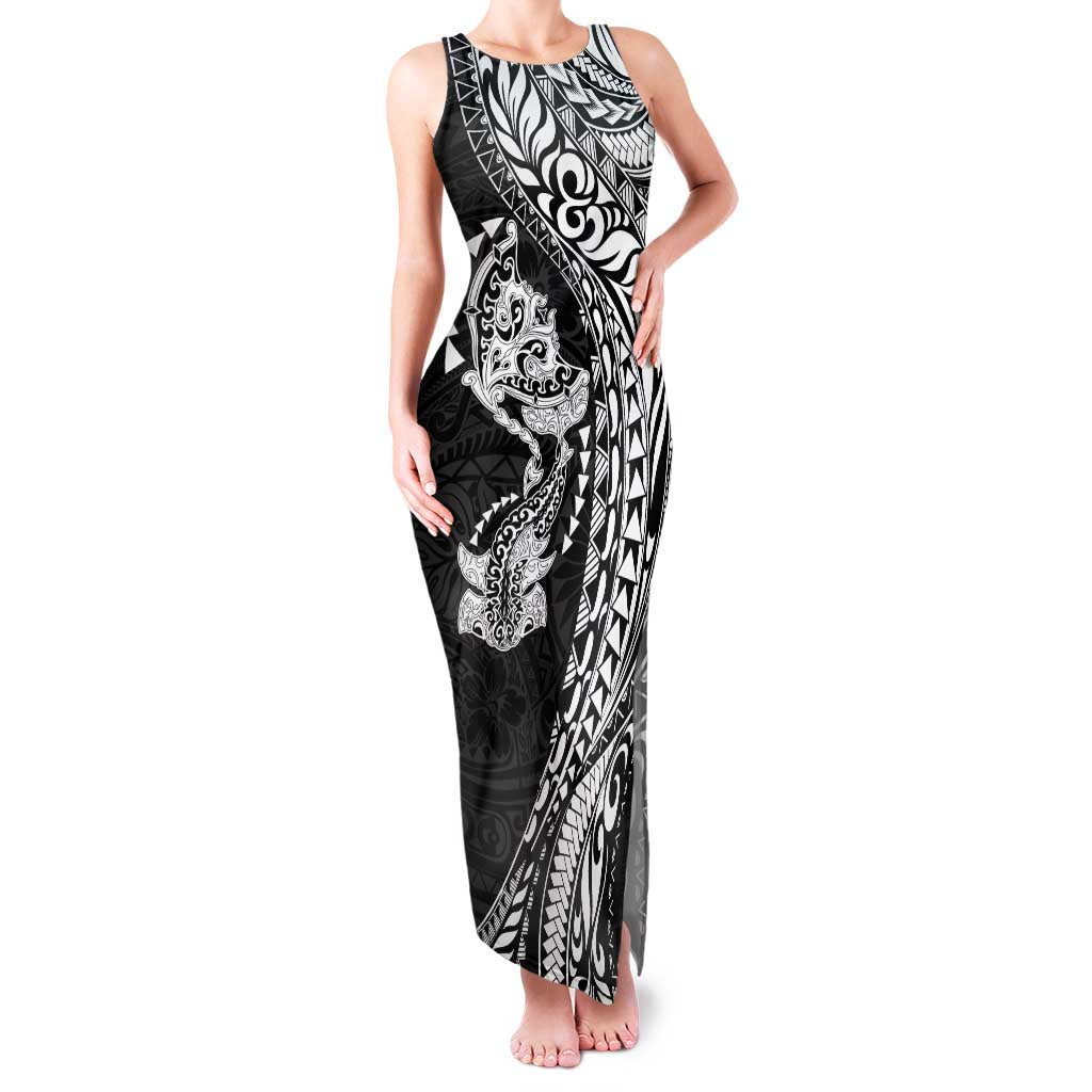 Hawaiian Manta Ray and Hammerhead Shark Tribal Tattoo Family Matching Tank Maxi Dress and Hawaiian Shirt with Polynesian Tribal Pattern Black-White Color LT03 Mom's Dress Multicolor - Polynesian Pride
