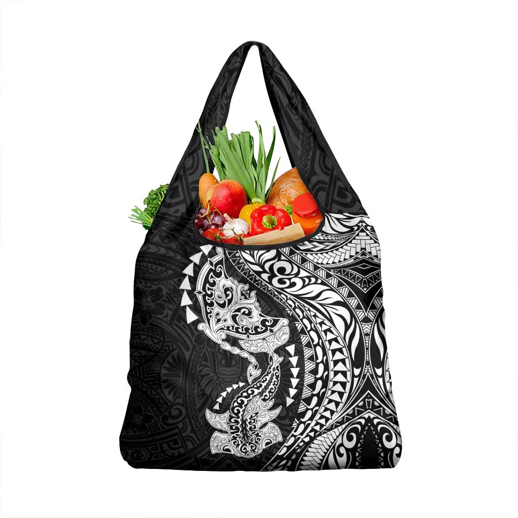 Hawaiian Manta Ray and Hammerhead Shark Tribal Tattoo Grocery Bag with Polynesian Tribal Pattern Black-White Color