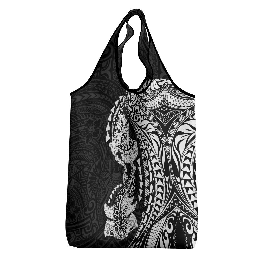 Hawaiian Manta Ray and Hammerhead Shark Tribal Tattoo Grocery Bag with Polynesian Tribal Pattern Black-White Color