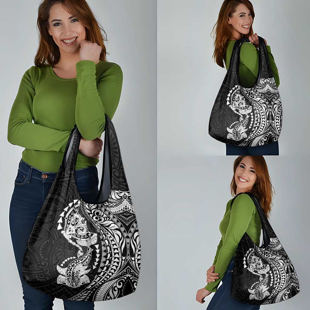 Hawaiian Manta Ray and Hammerhead Shark Tribal Tattoo Grocery Bag with Polynesian Tribal Pattern Black-White Color