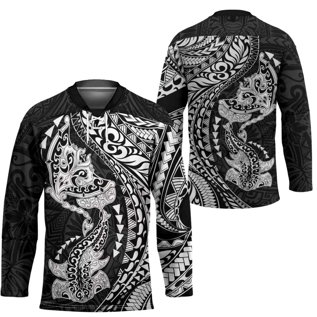 Hawaiian Manta Ray and Hammerhead Shark Tribal Tattoo Hockey Jersey with Polynesian Tribal Pattern Black-White Color
