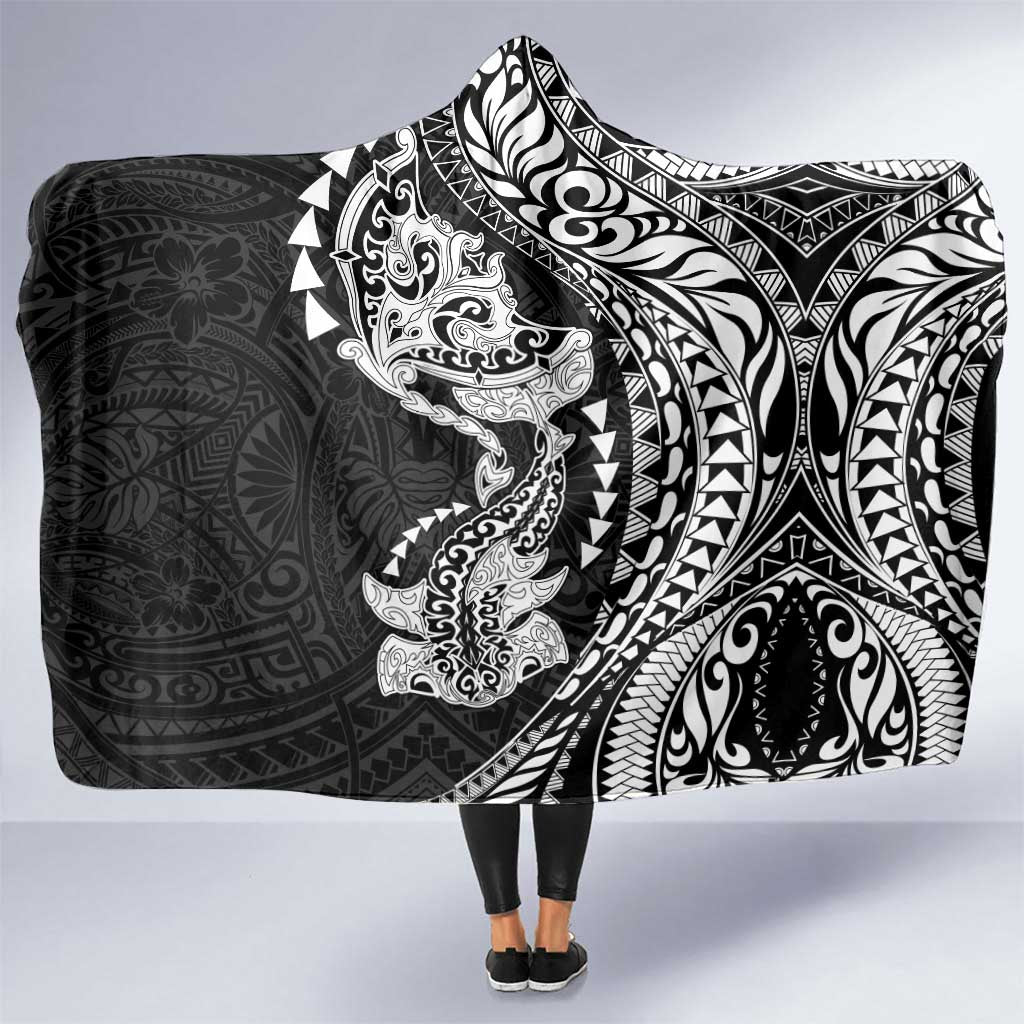 Hawaiian Manta Ray and Hammerhead Shark Tribal Tattoo Hooded Blanket with Polynesian Tribal Pattern Black-White Color