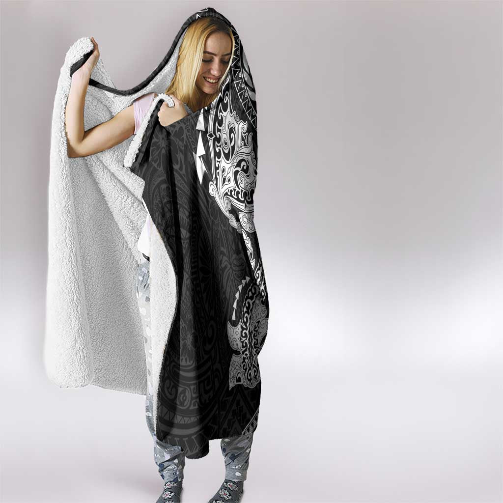 Hawaiian Manta Ray and Hammerhead Shark Tribal Tattoo Hooded Blanket with Polynesian Tribal Pattern Black-White Color
