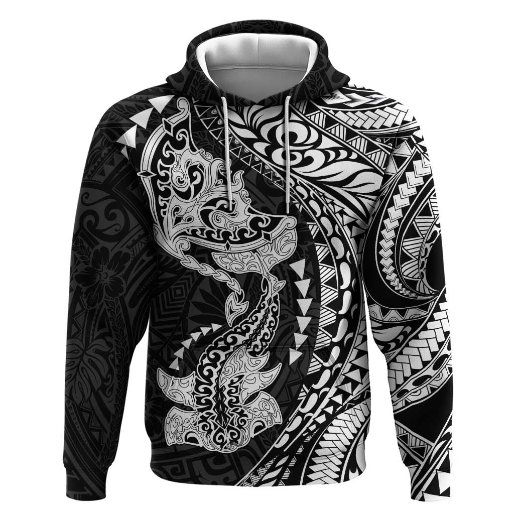 Hawaiian Manta Ray and Hammerhead Shark Tribal Tattoo Hoodie with Polynesian Tribal Pattern Black-White Color