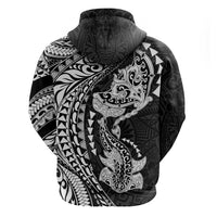 Hawaiian Manta Ray and Hammerhead Shark Tribal Tattoo Hoodie with Polynesian Tribal Pattern Black-White Color