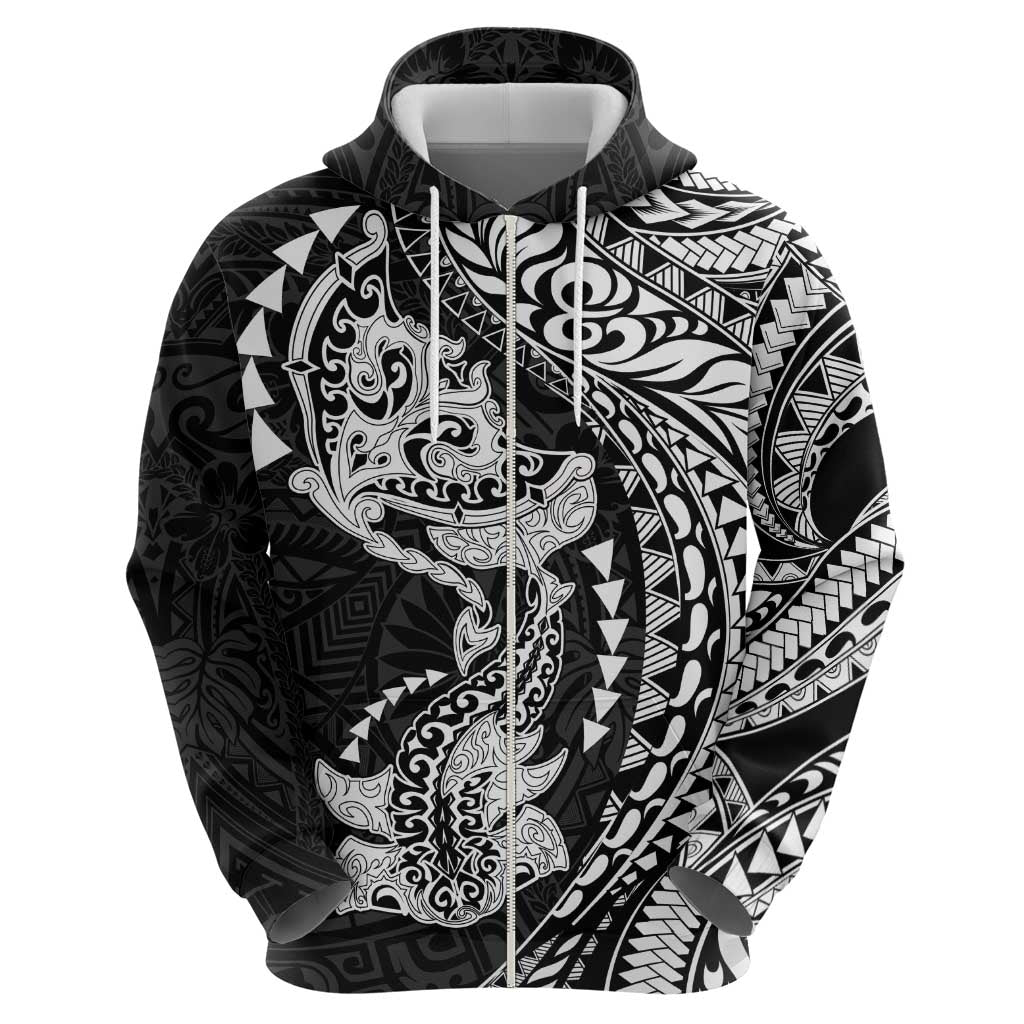 Hawaiian Manta Ray and Hammerhead Shark Tribal Tattoo Hoodie with Polynesian Tribal Pattern Black-White Color